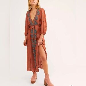 Free People Terracotta Maxi Dress with Teal Embroidery